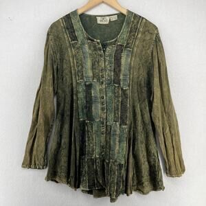 BHAG'S Top Womens Free Size Patchwork Button Up Tunic Long Sleeve Viscose Green